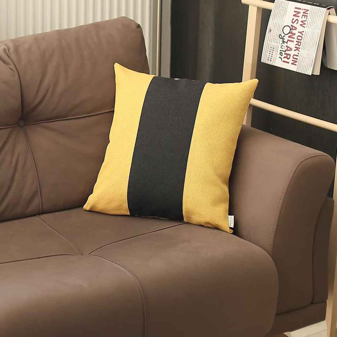 Yellow And Black Centered Strap Throw Pillow