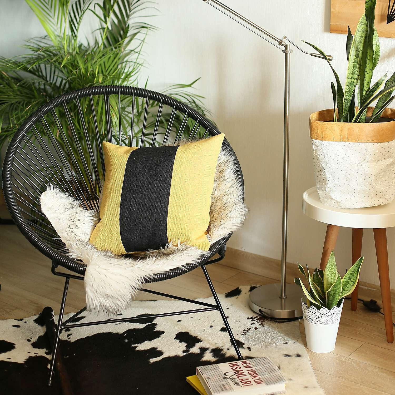 Yellow And Black Centered Strap Throw Pillow