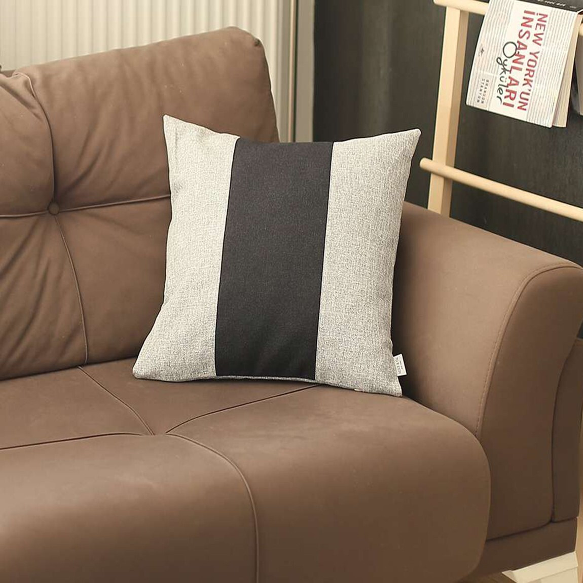 Gray And Black Centered Strap Throw Pillow