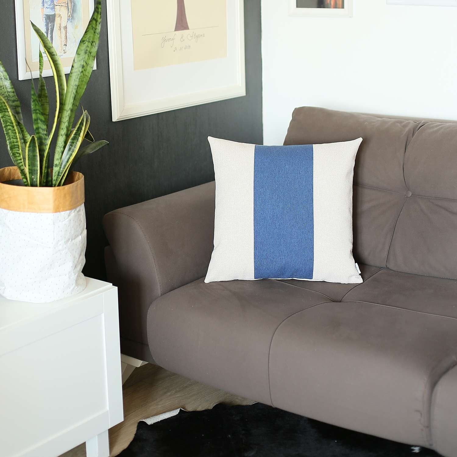 White And Blue Centered Strap Throw Pillow