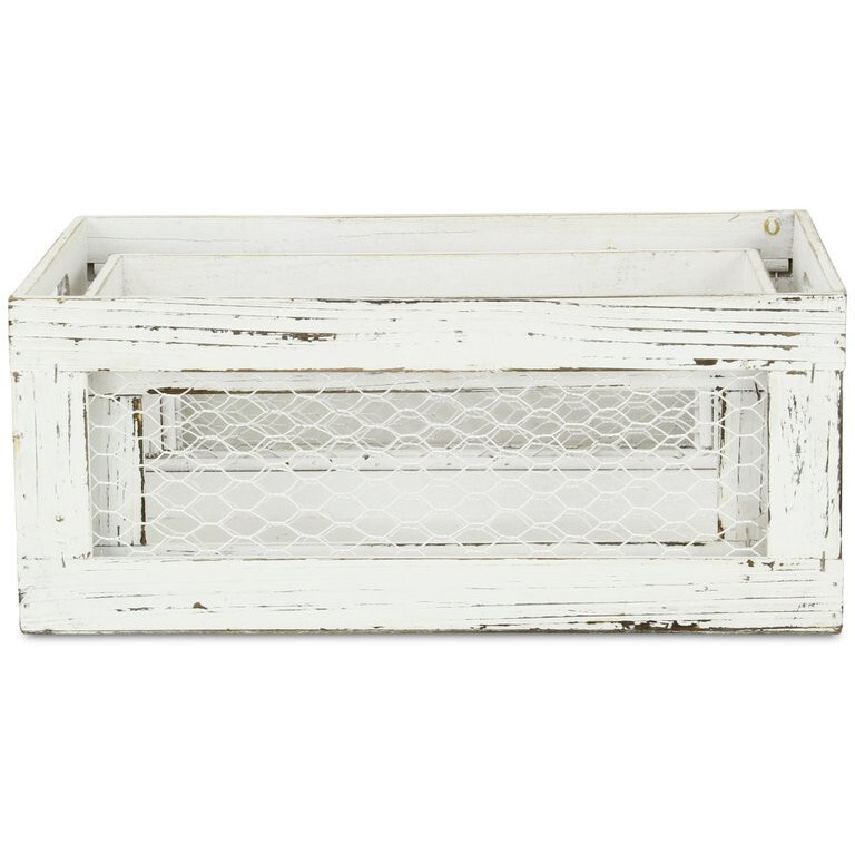 Set Of Two Rustic Whitewash Chicken Wire Sides Wooden Crates