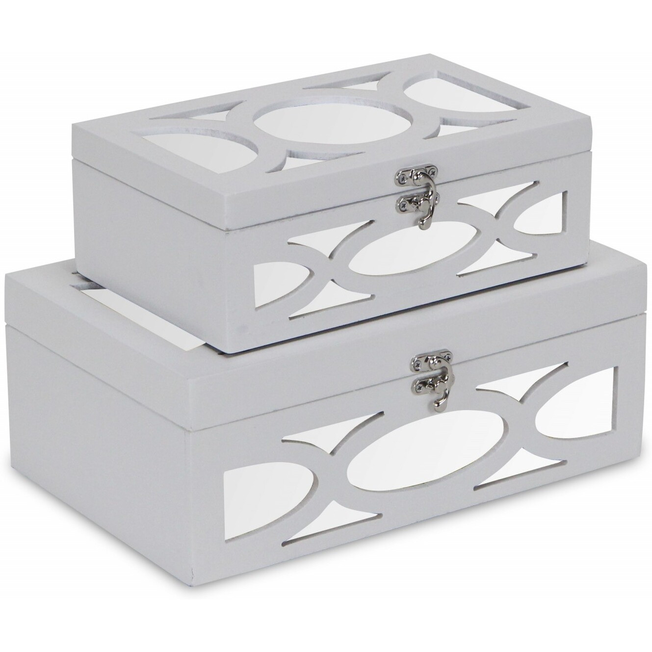 Set Of Two White Oval Scroll Mirror Jewelry Storage Boxes