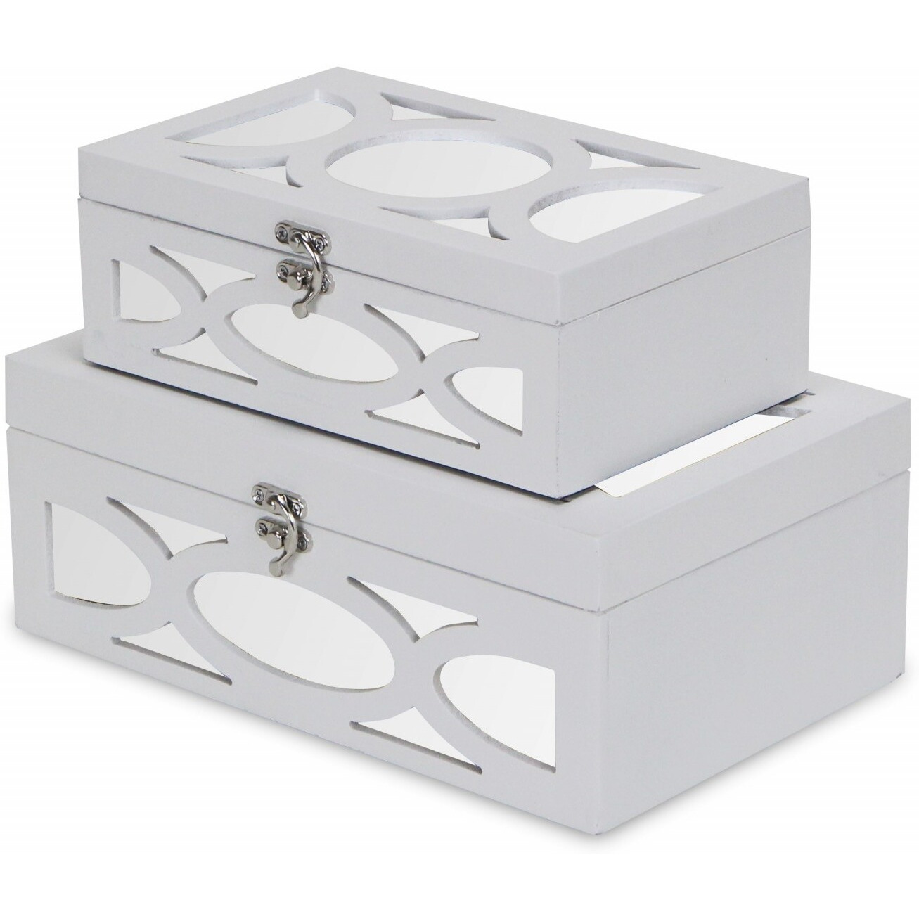 Set Of Two White Oval Scroll Mirror Jewelry Storage Boxes