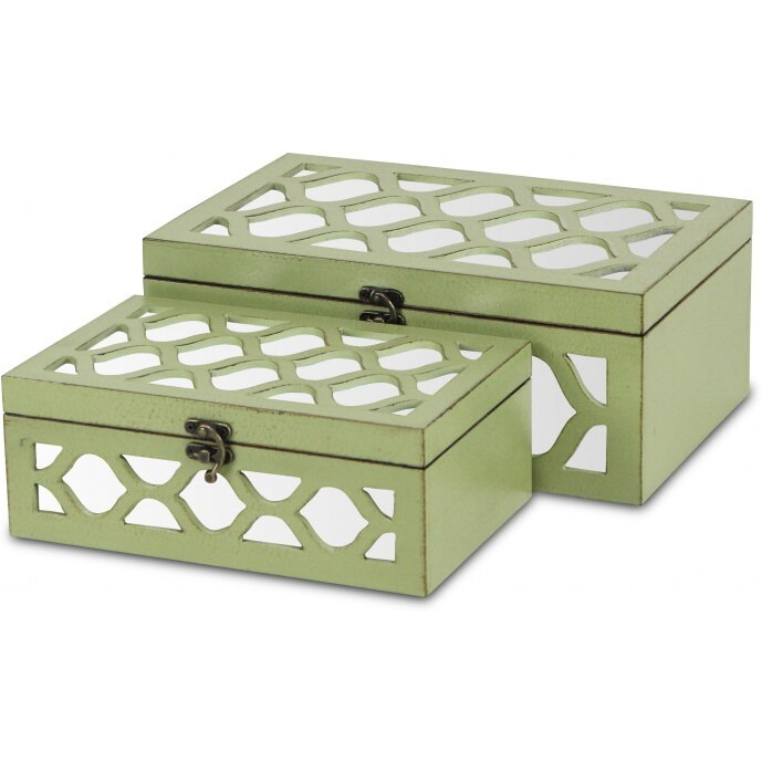 Set Of Green Quatrefoil Mirror Jewelry Storage Boxes