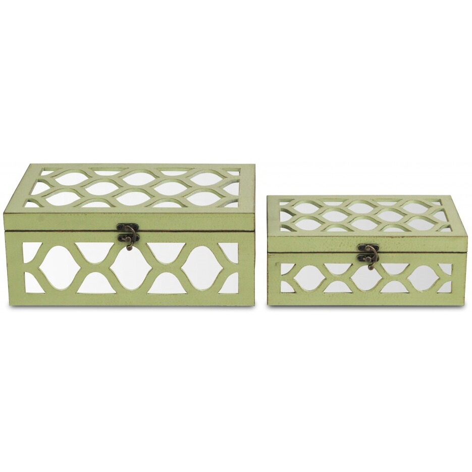 Set Of Green Quatrefoil Mirror Jewelry Storage Boxes