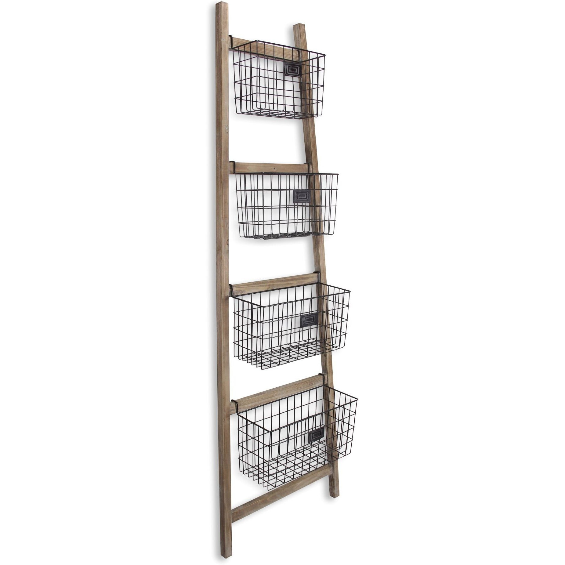 Wooden Ladder Storage Piece With 4 Baskets