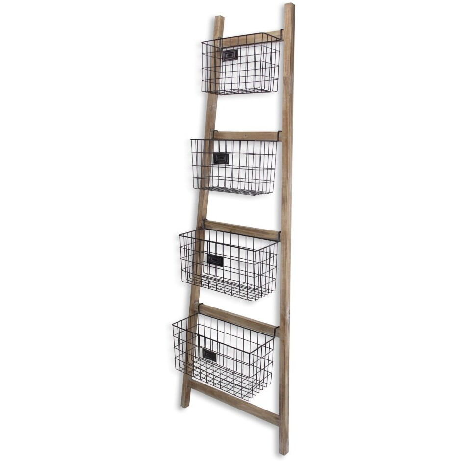 Wooden Ladder Storage Piece With 4 Baskets