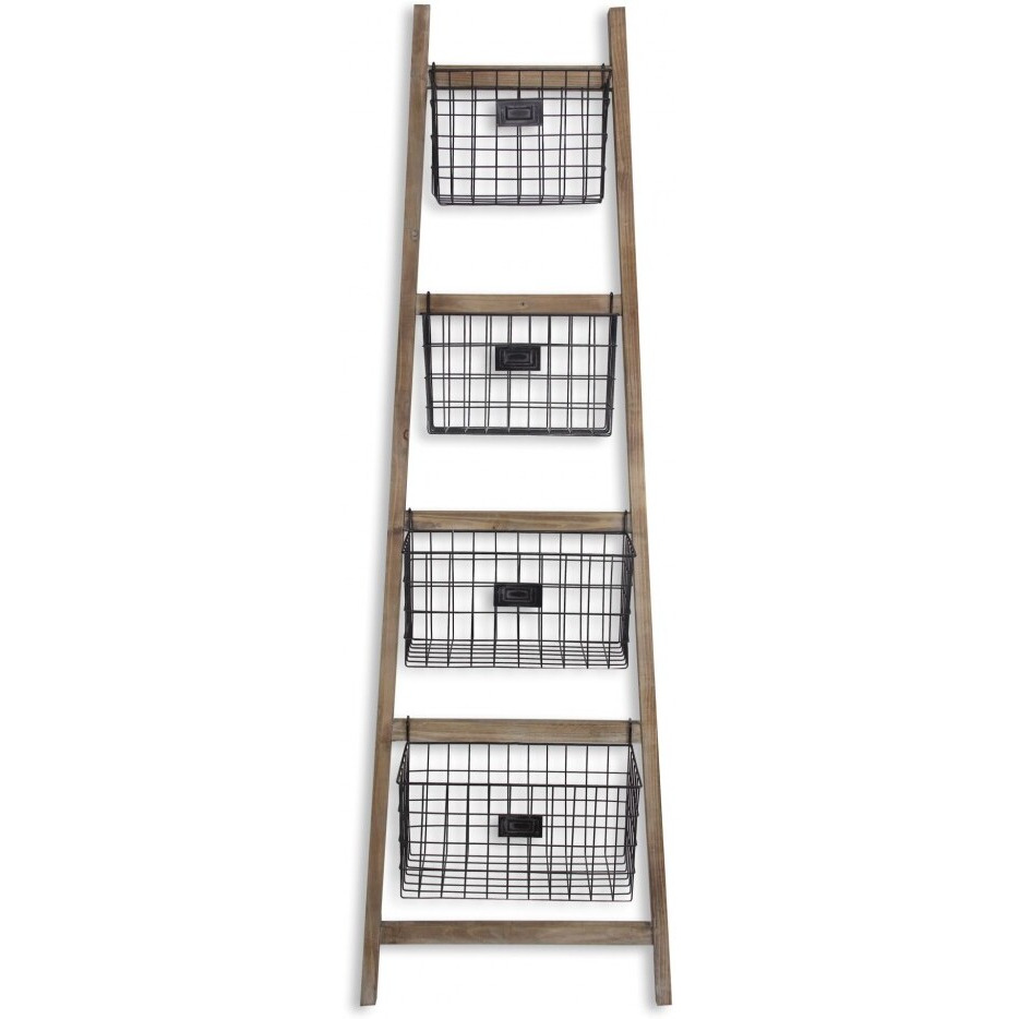 Wooden Ladder Storage Piece With 4 Baskets