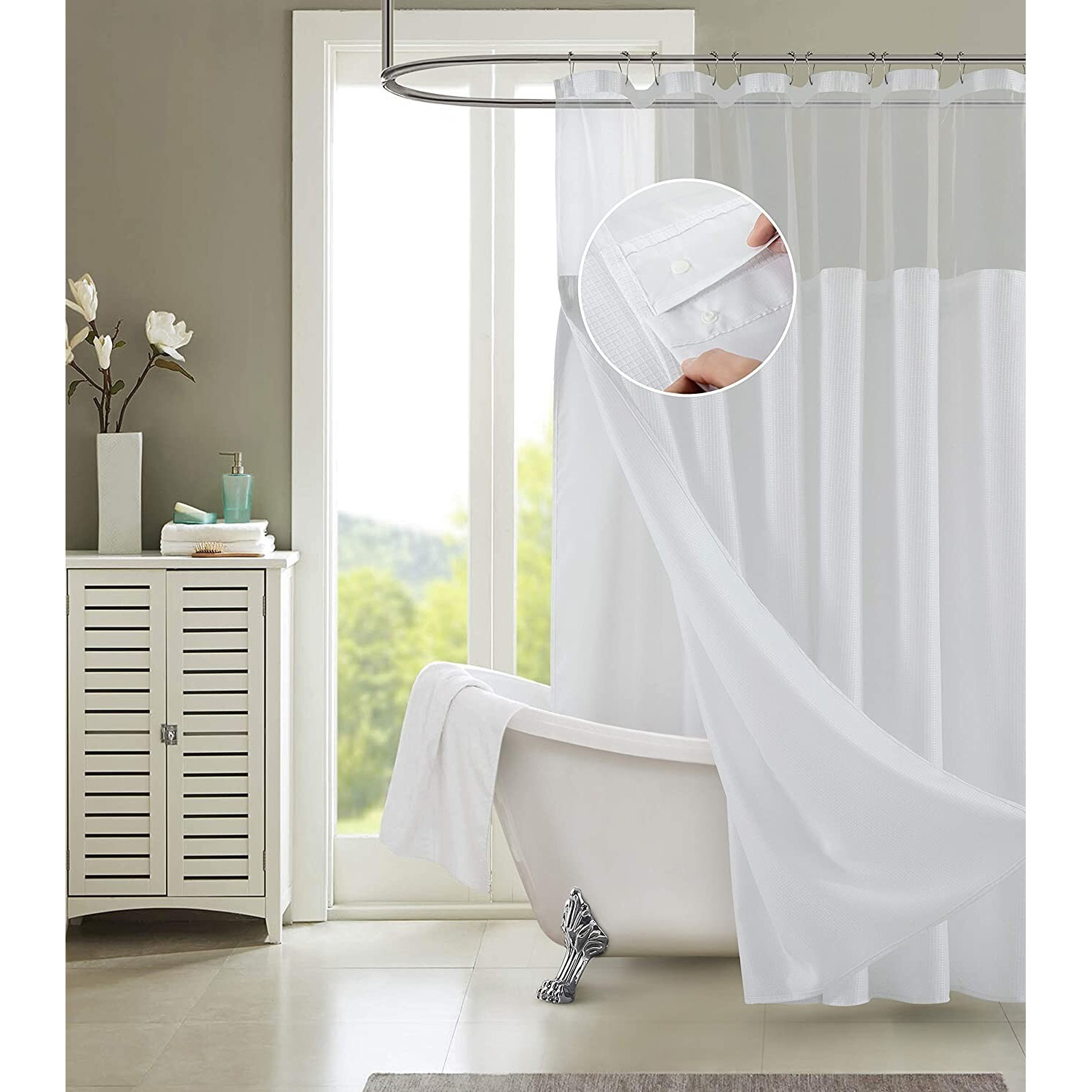 White Sheer And Grid Shower Curtain And Liner Set