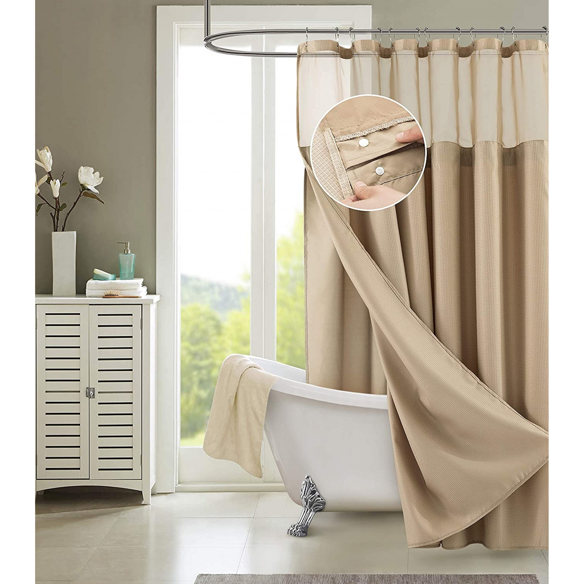 Mocha Sheer And Grid Shower Curtain And Liner Set