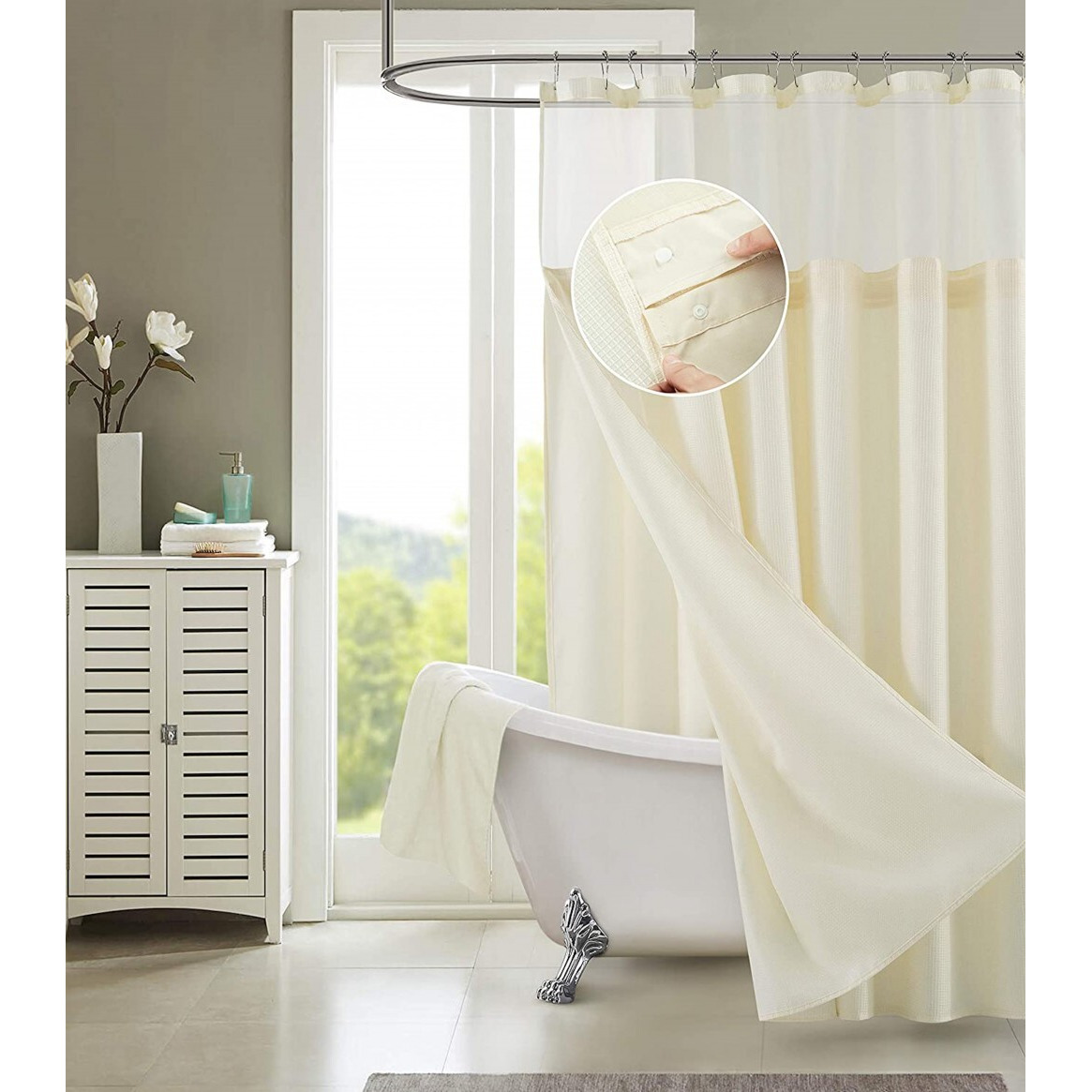 Ivory Sheer And Grid Shower Curtain And Liner Set