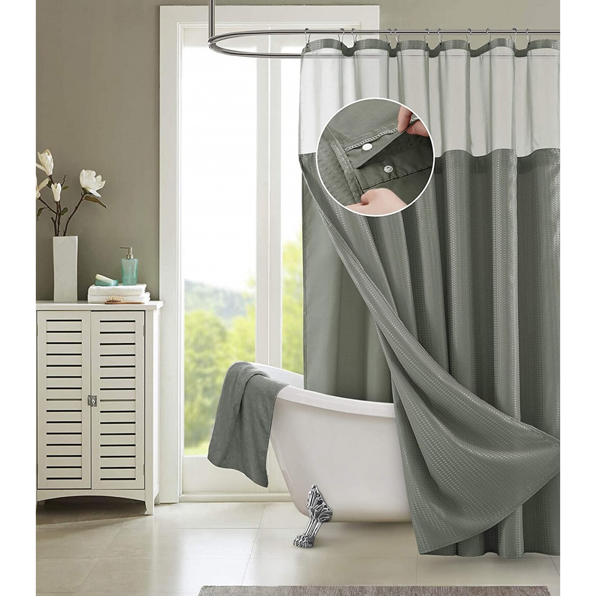 Gray Sheer And Grid Shower Curtain And Liner Set