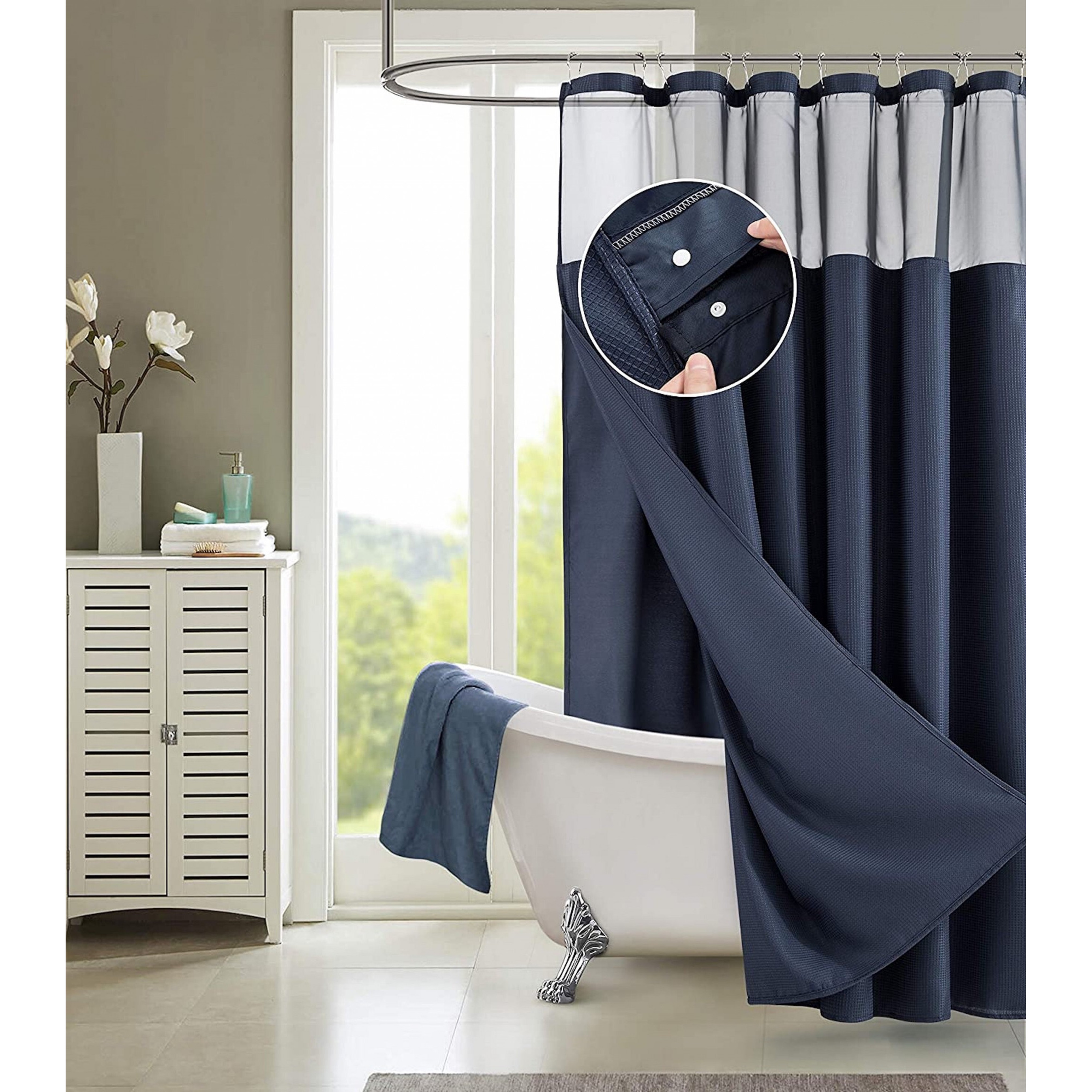 Navy Modern Grid Shower Curtain And Liner Set