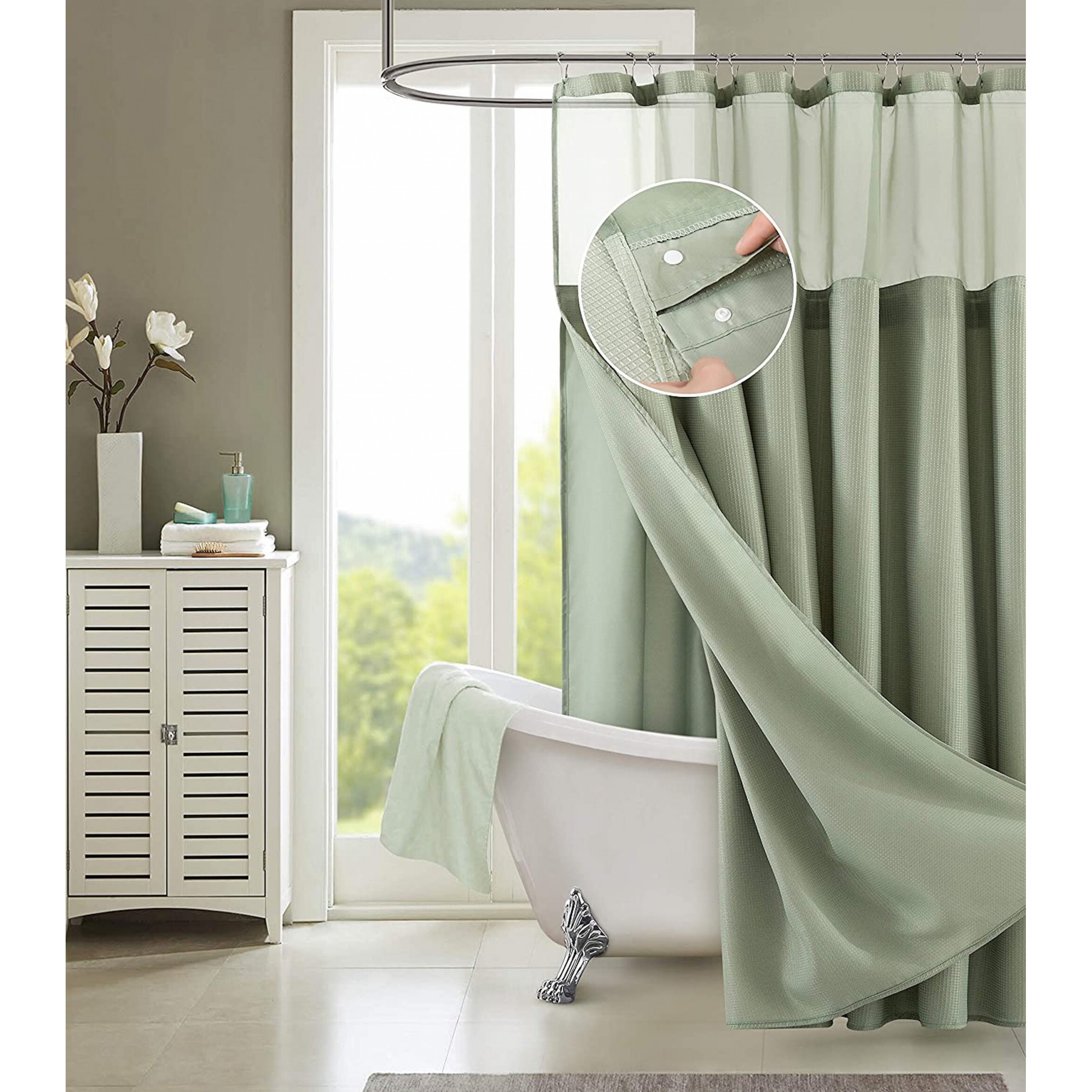 Sage Green Modern Grid Shower Curtain And Liner Set