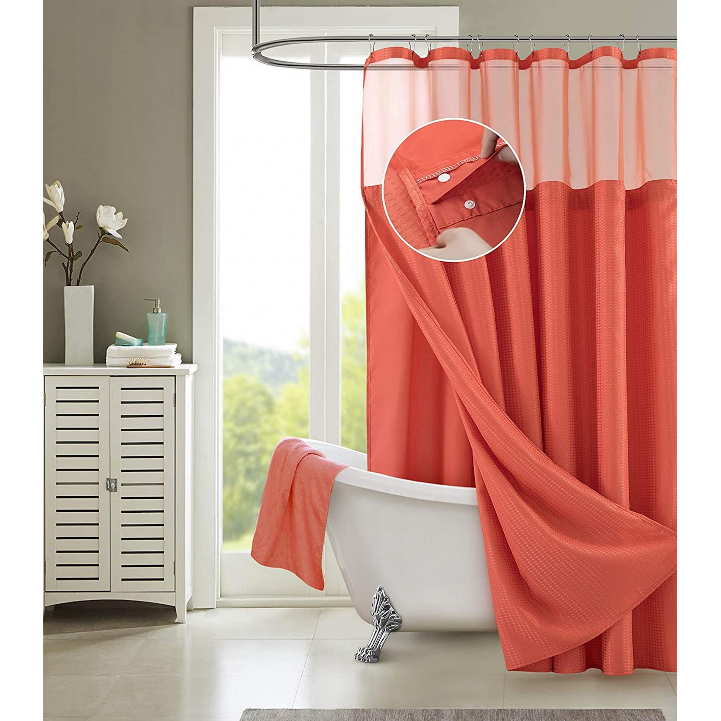 Coral Sheer And Grid Shower Curtain And Liner Set