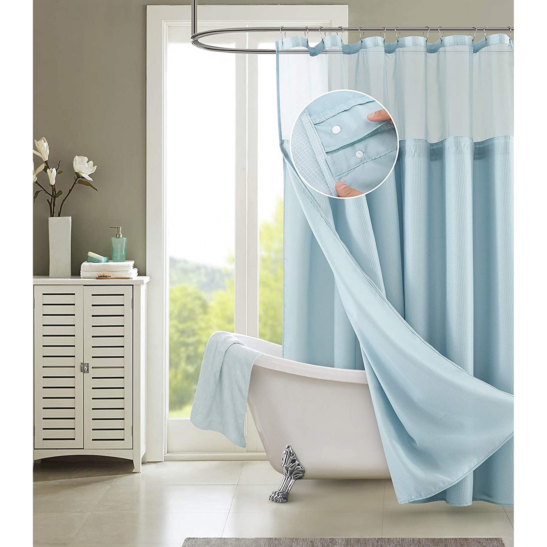 Light Blue Sheer And Grid Shower Curtain And Liner Set