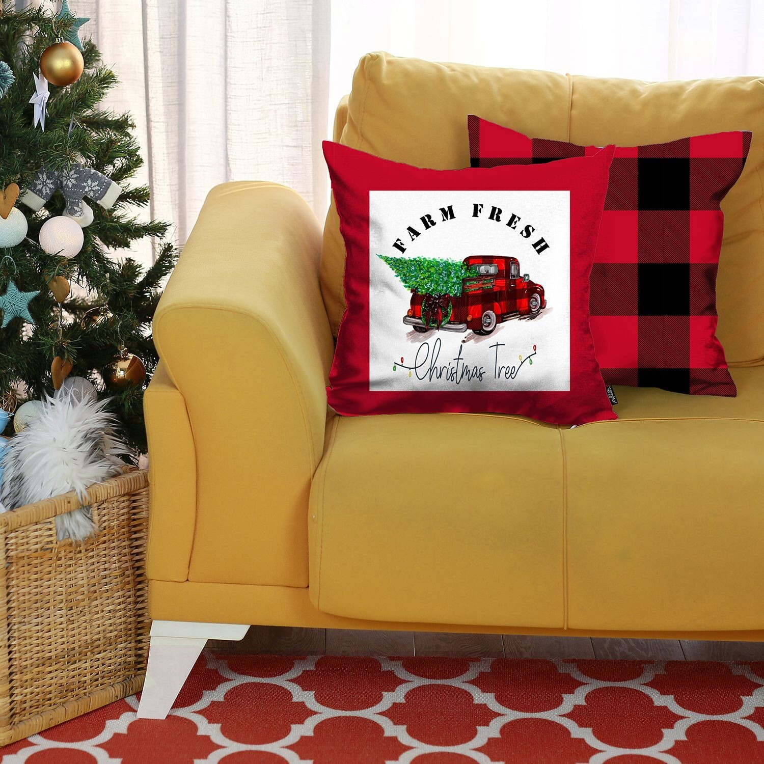 Set Of 2 Red Plaid And Red Truck Throw Pillows
