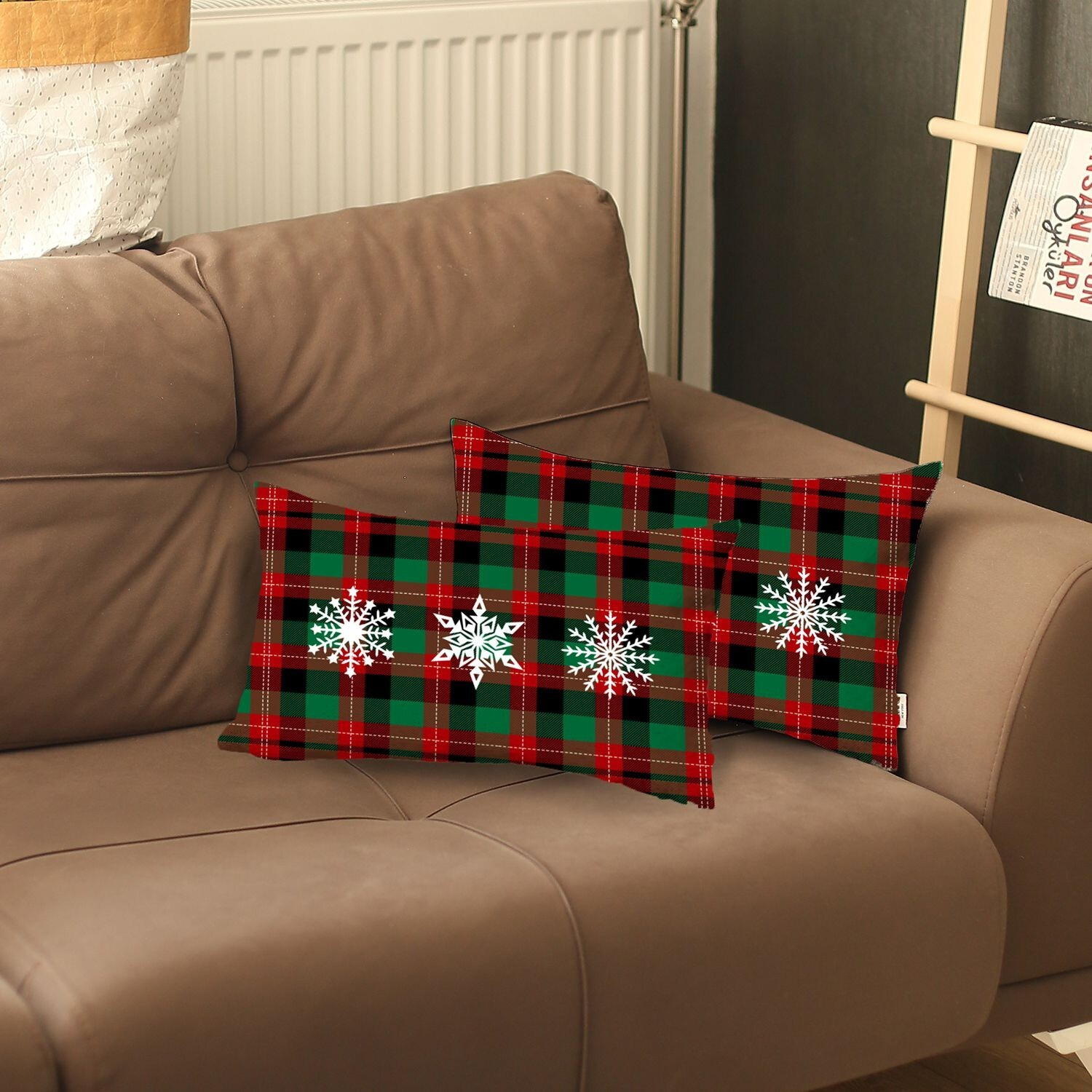 Set Of 2 Christmas Snowflake Trio Plaid Lumbar Throw Pillows
