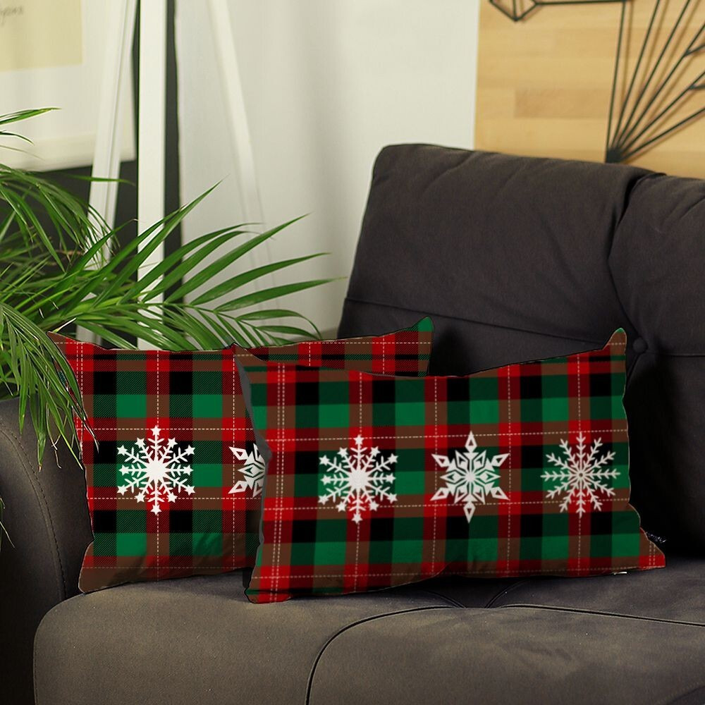 Set Of 2 Christmas Snowflake Trio Plaid Lumbar Throw Pillows