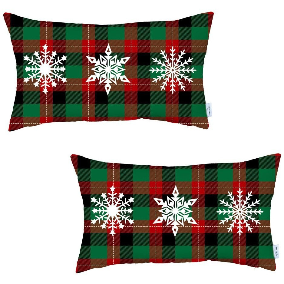Set Of 2 Christmas Snowflake Trio Plaid Lumbar Throw Pillows