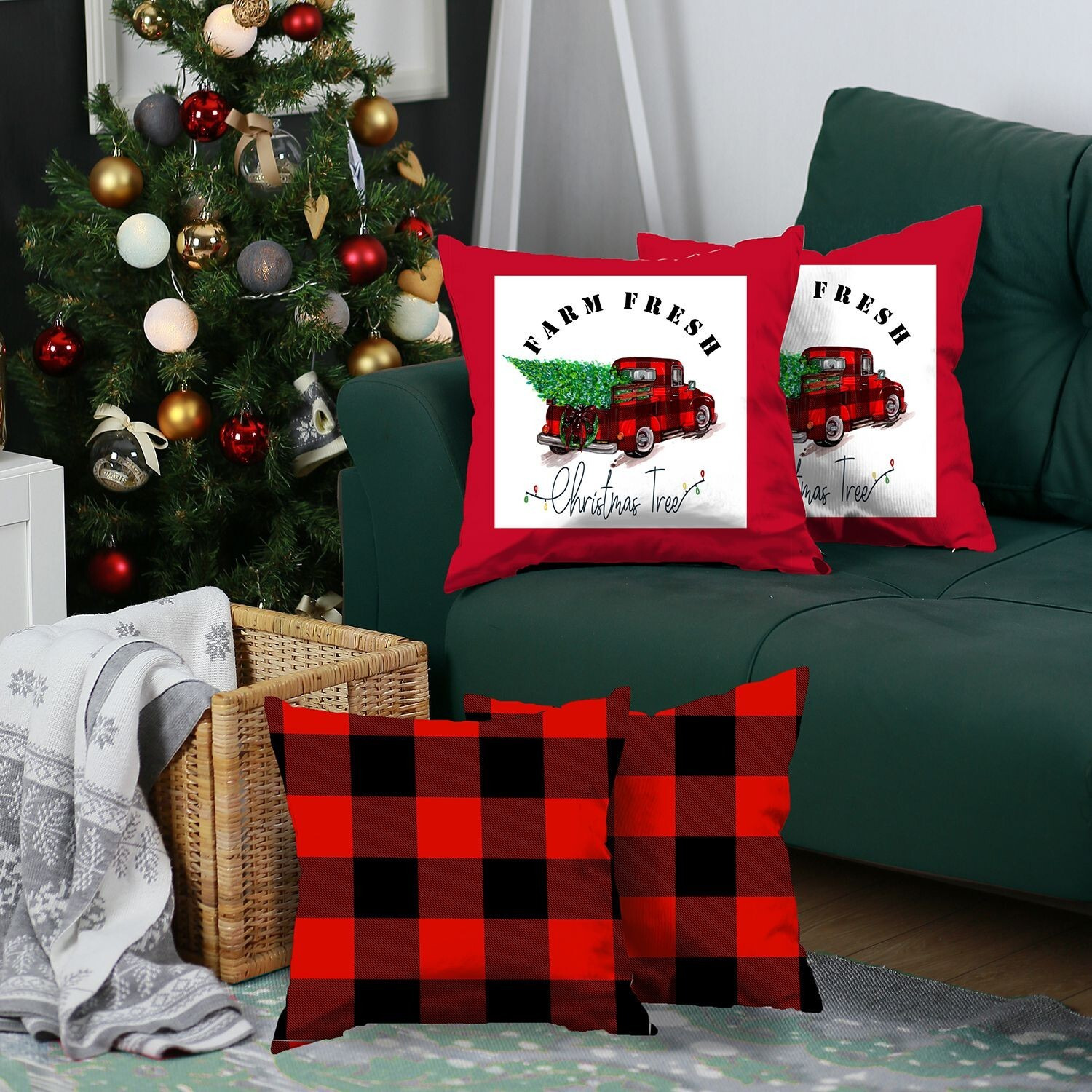 Set Of 4 Red Plaid And Red Truck Throw Pillows