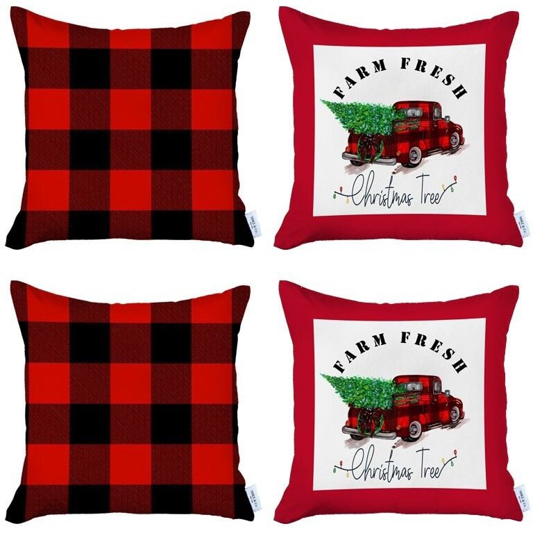 Set Of 4 Red Plaid And Red Truck Throw Pillows