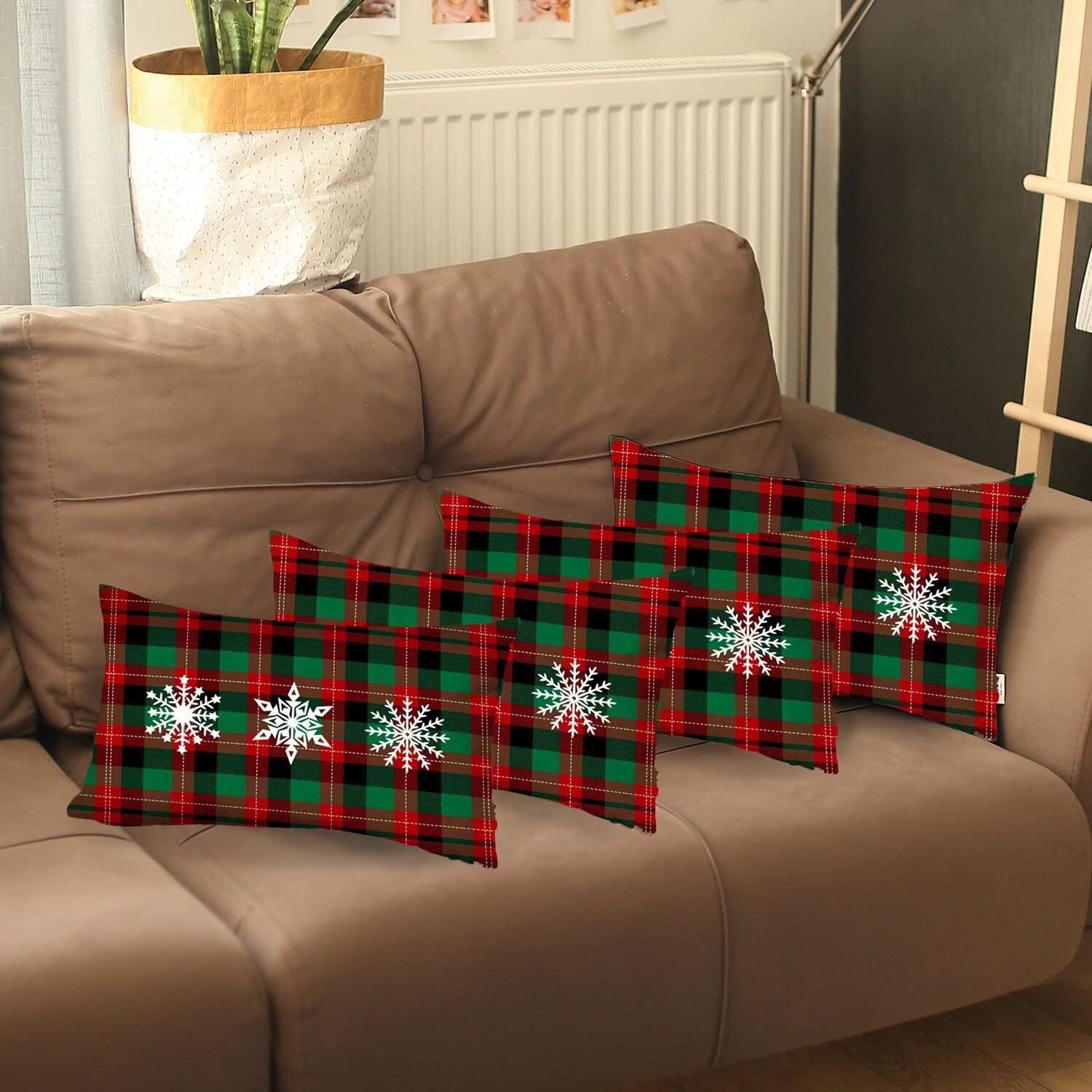 Set Of 4 Christmas Snowflake Trio Plaid Lumbar Throw Pillows