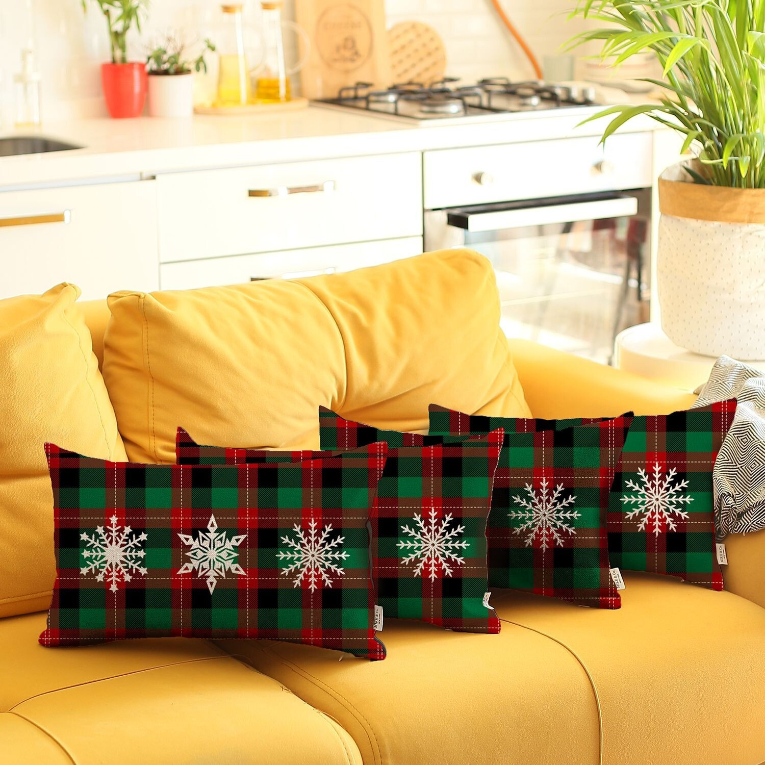 Set Of 4 Christmas Snowflake Trio Plaid Lumbar Throw Pillows