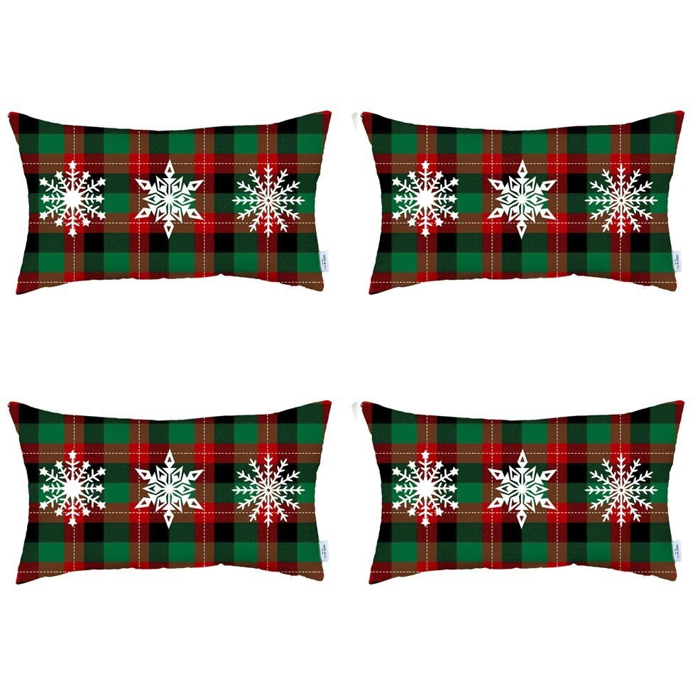 Set Of 4 Christmas Snowflake Trio Plaid Lumbar Throw Pillows