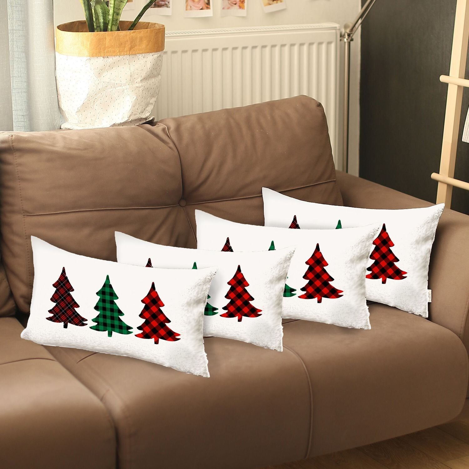 Set Of 4 Christmas Tree Trio Plaid Lumbar Throw Pillows