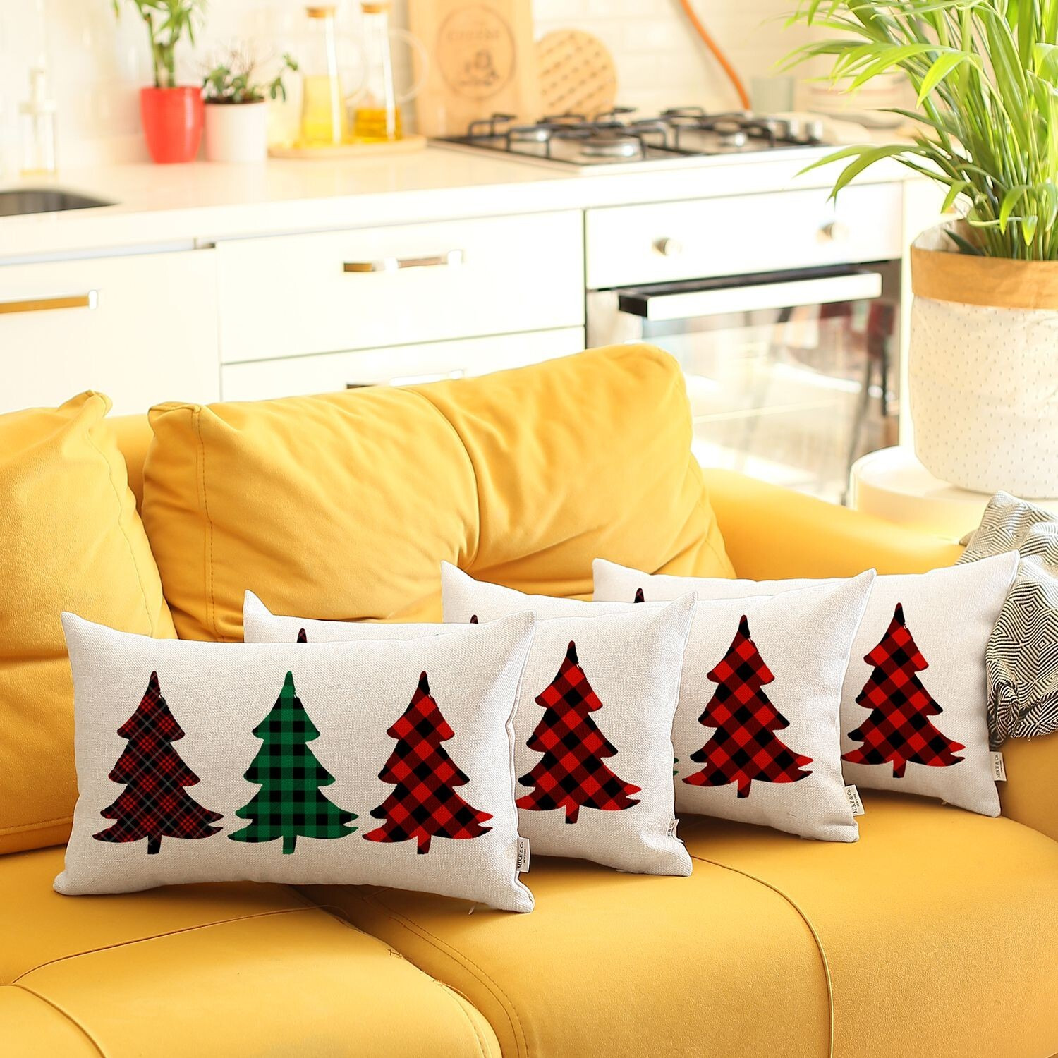 Set Of 4 Christmas Tree Trio Plaid Lumbar Throw Pillows