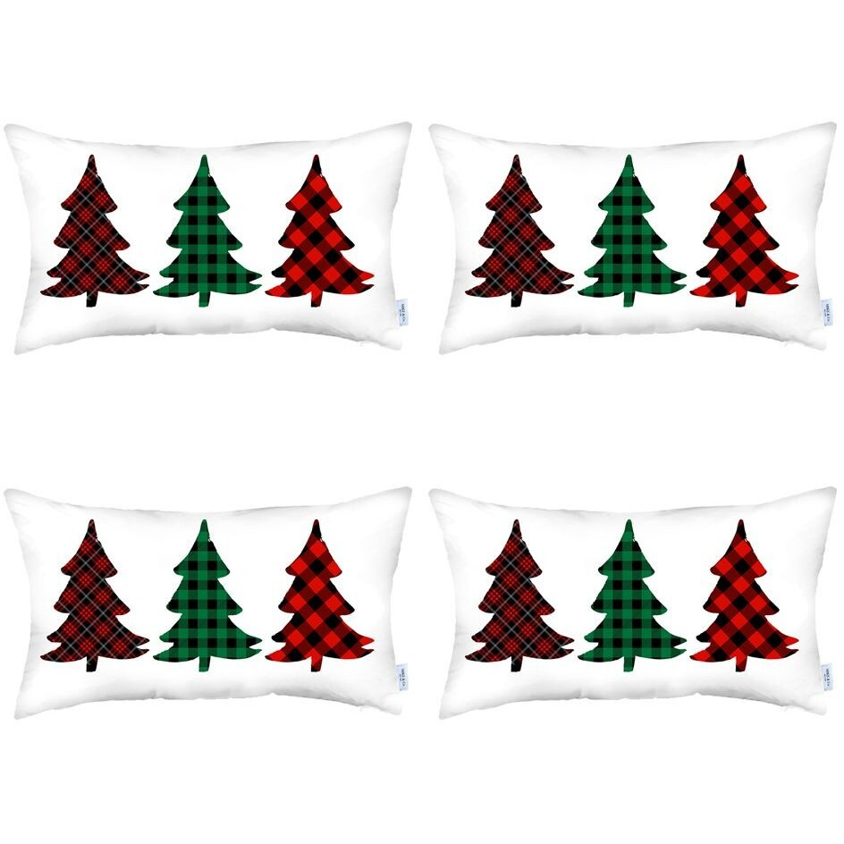 Set Of 4 Christmas Tree Trio Plaid Lumbar Throw Pillows