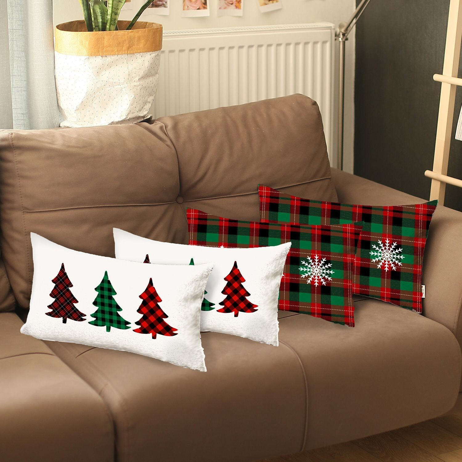 Set Of 4 Christmas Plaid Lumbar Decorative Pillows