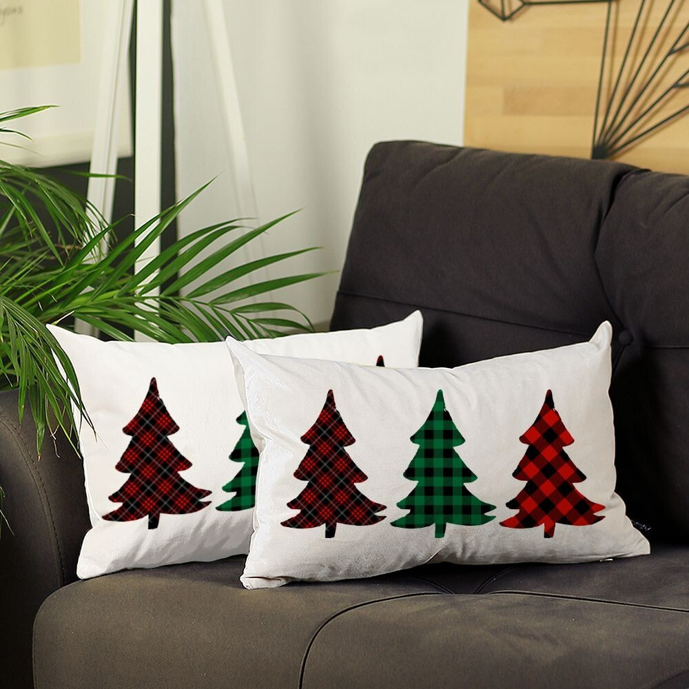 Set Of 2 Christmas Tree Trio Plaid Lumbar Pillow Covers