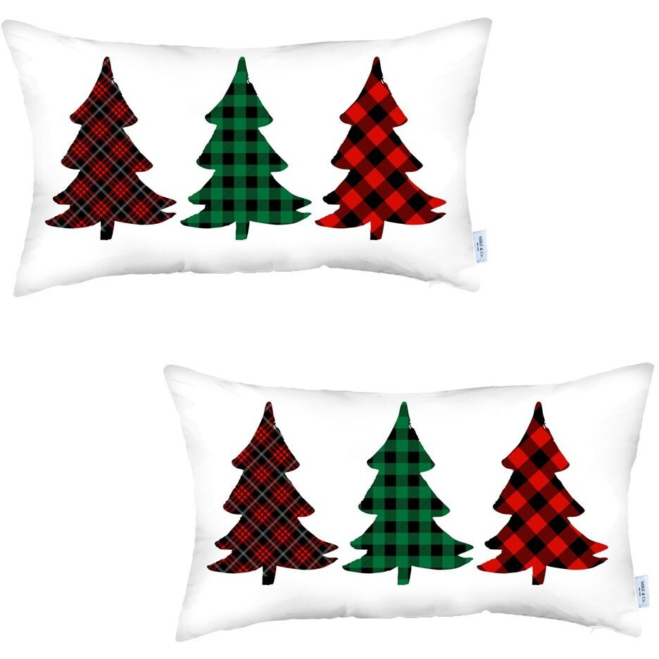 Set Of 2 Christmas Tree Trio Plaid Lumbar Pillow Covers