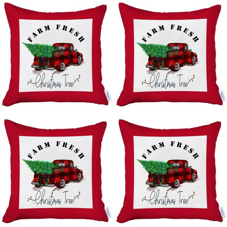 Set Of 4 Christmas Buffalo Check Pick Up Truck Pillow Covers