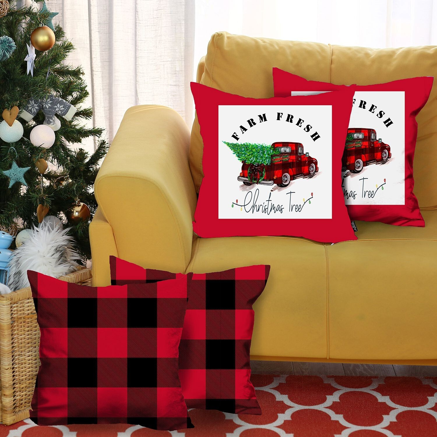 Set Of 4 Red Plaid And Red Truck Throw Pillow Covers