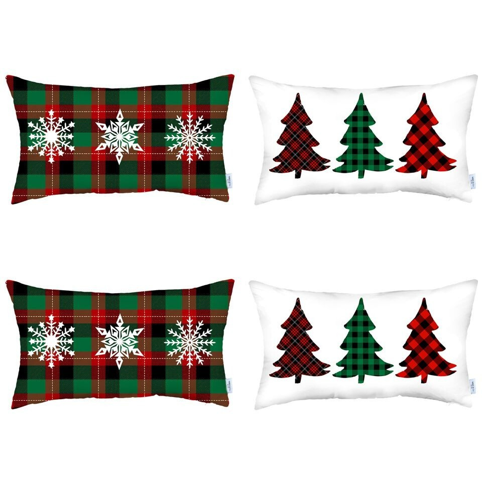 Set Of 4 Christmas Plaid Lumbar Decorative Pillow Covers
