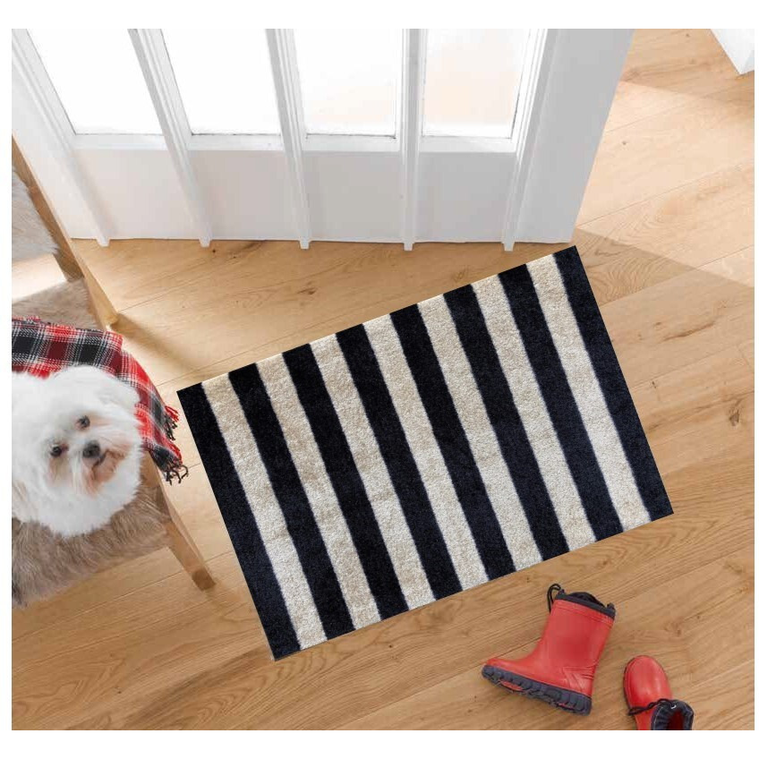 2' X 3' Black And Tan Wide Stripe Washable Floor Mat