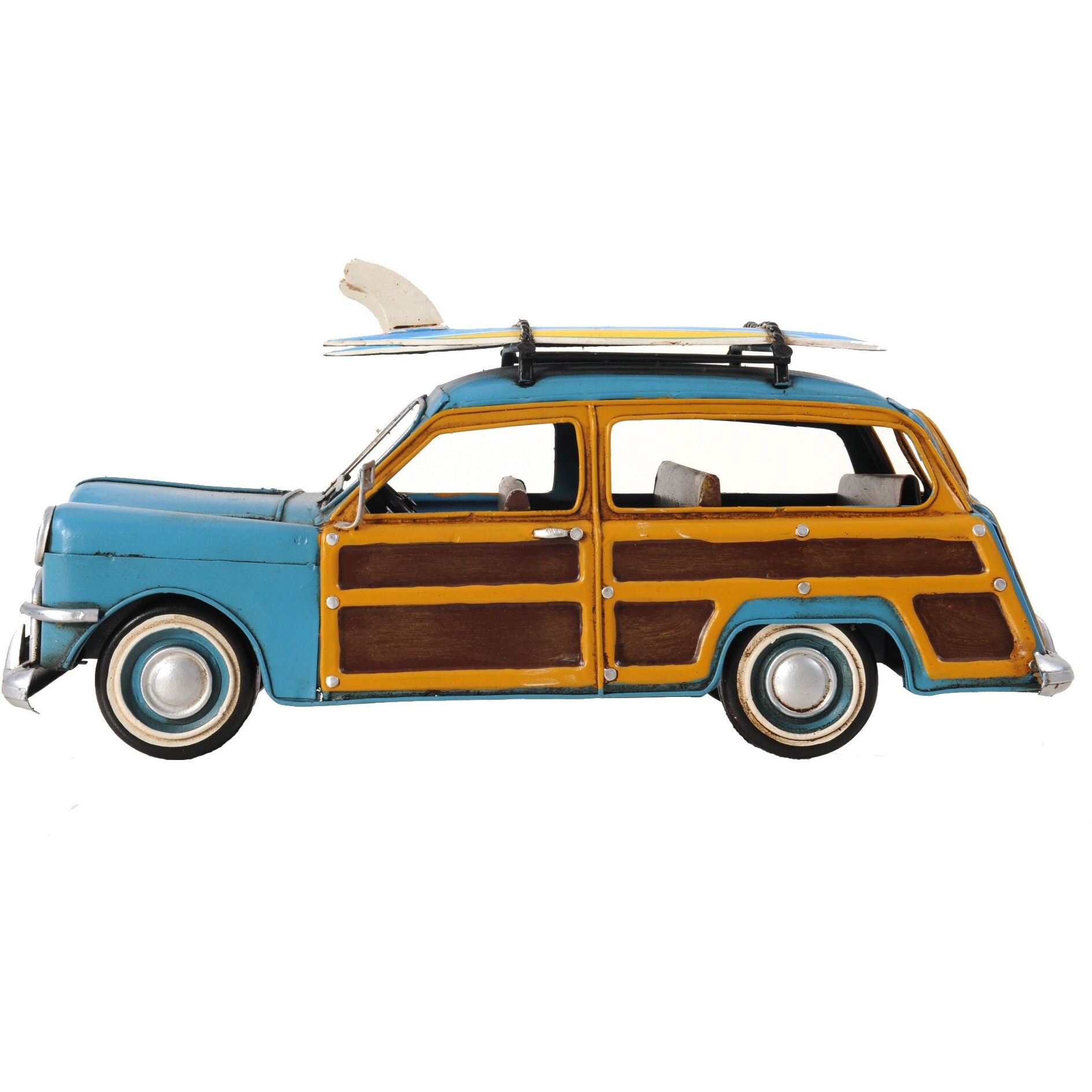 6"" Blue And Yellow Metal Hand Painted Decorative Car