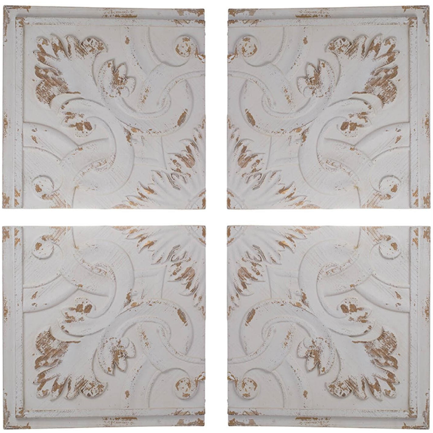 Set Of 4 Whitewashed Arabesque Carved Wall Art