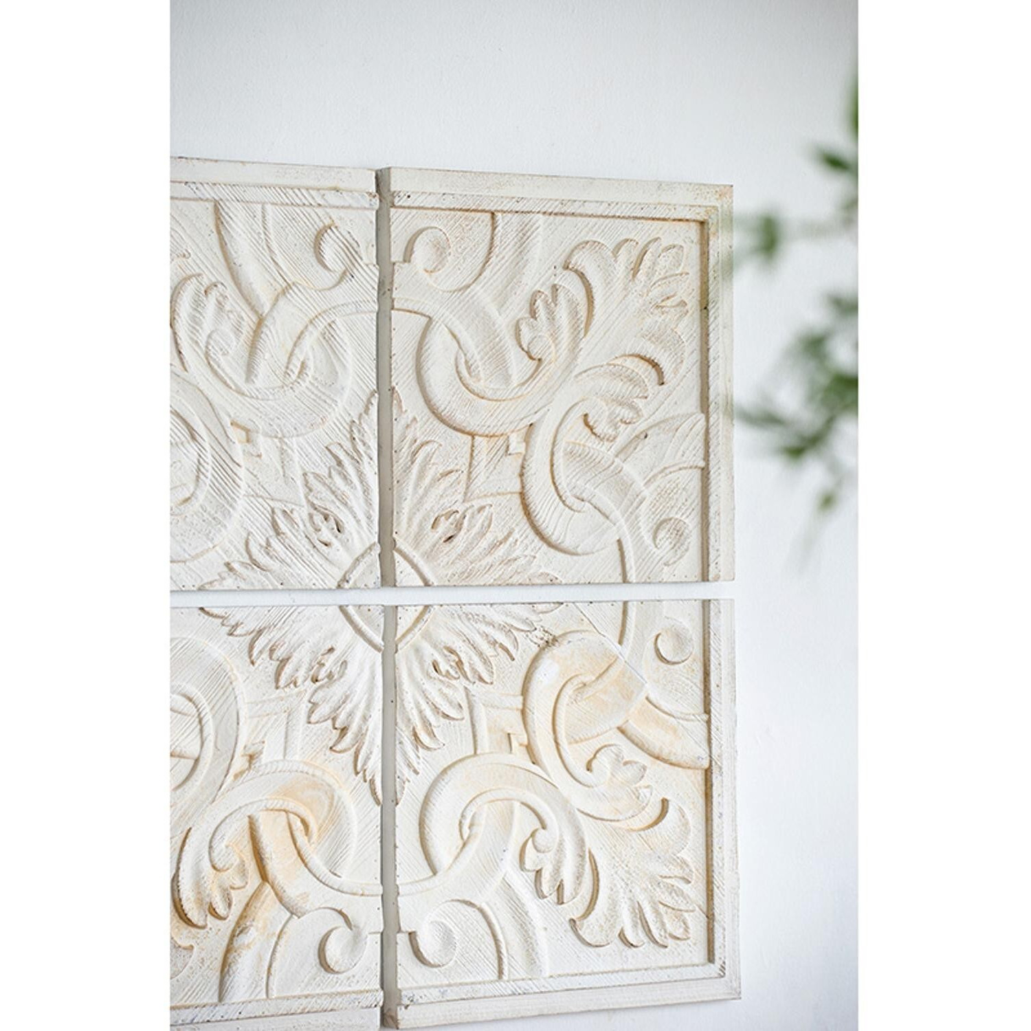 Set Of 4 Whitewashed Arabesque Carved Wall Art