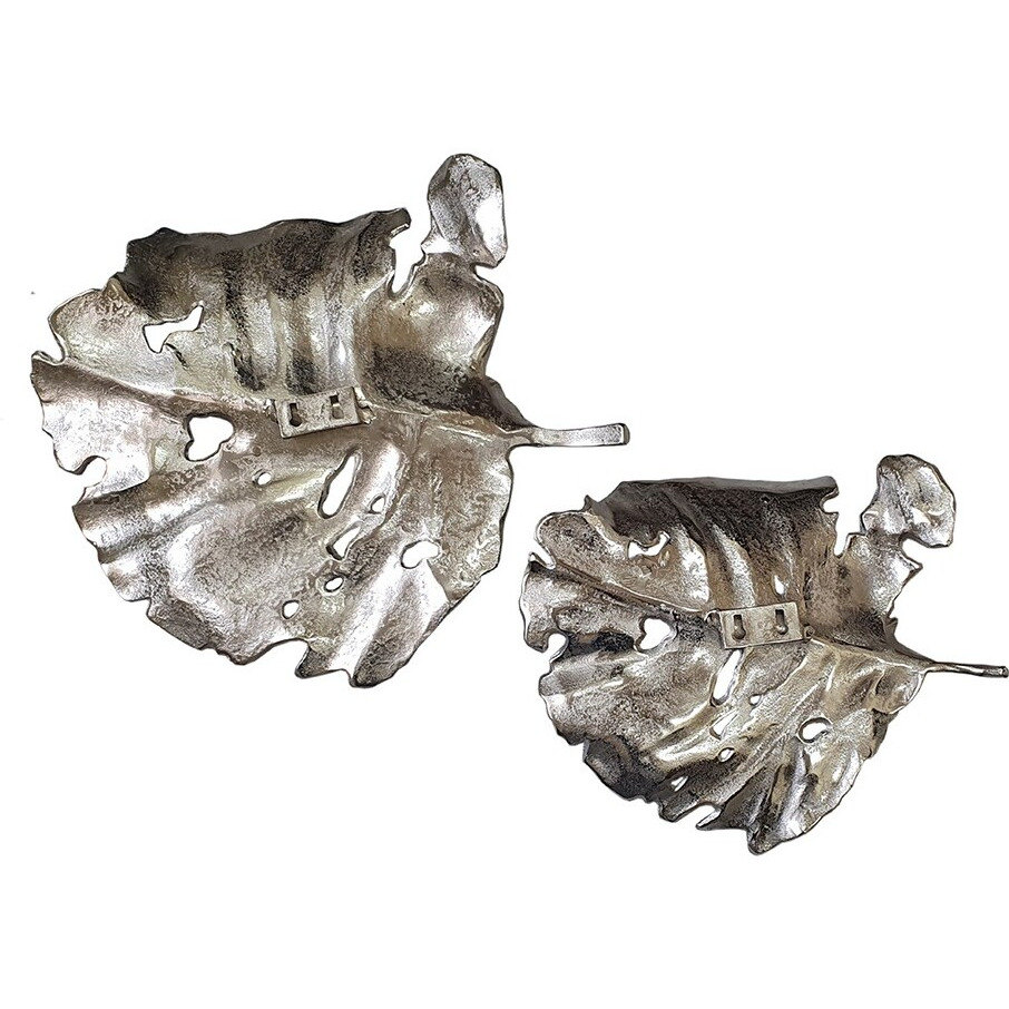 Set Of 2 Shiny Silver Leaves Wall Art