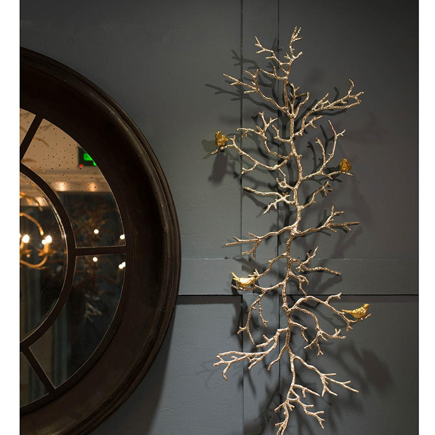 Modern 44"" Silver Branch And Golden Birds Wall Art