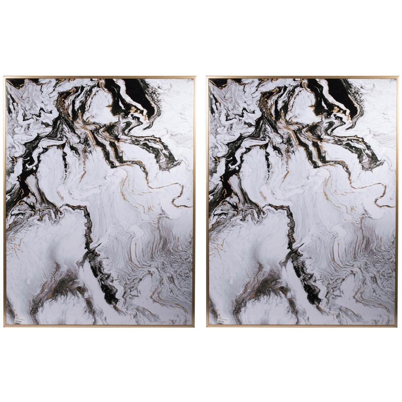 Set Of 2 Ultra Modern White Black And Gold Marblized Wall Art