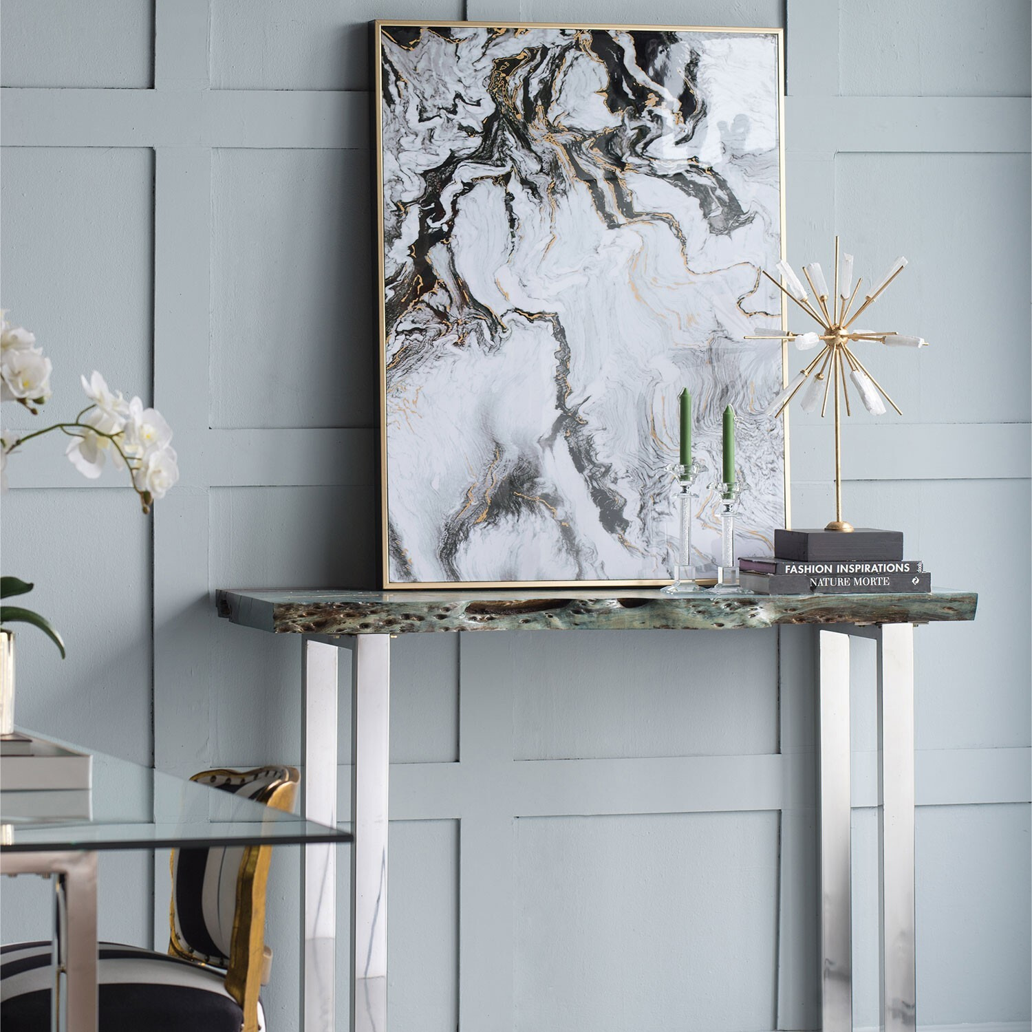 Set Of 2 Ultra Modern White Black And Gold Marblized Wall Art