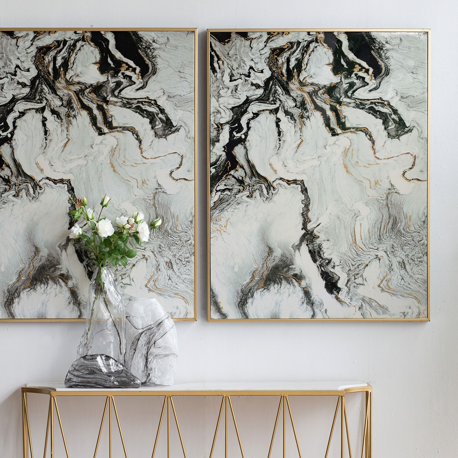 Set Of 2 Ultra Modern White Black And Gold Marblized Wall Art