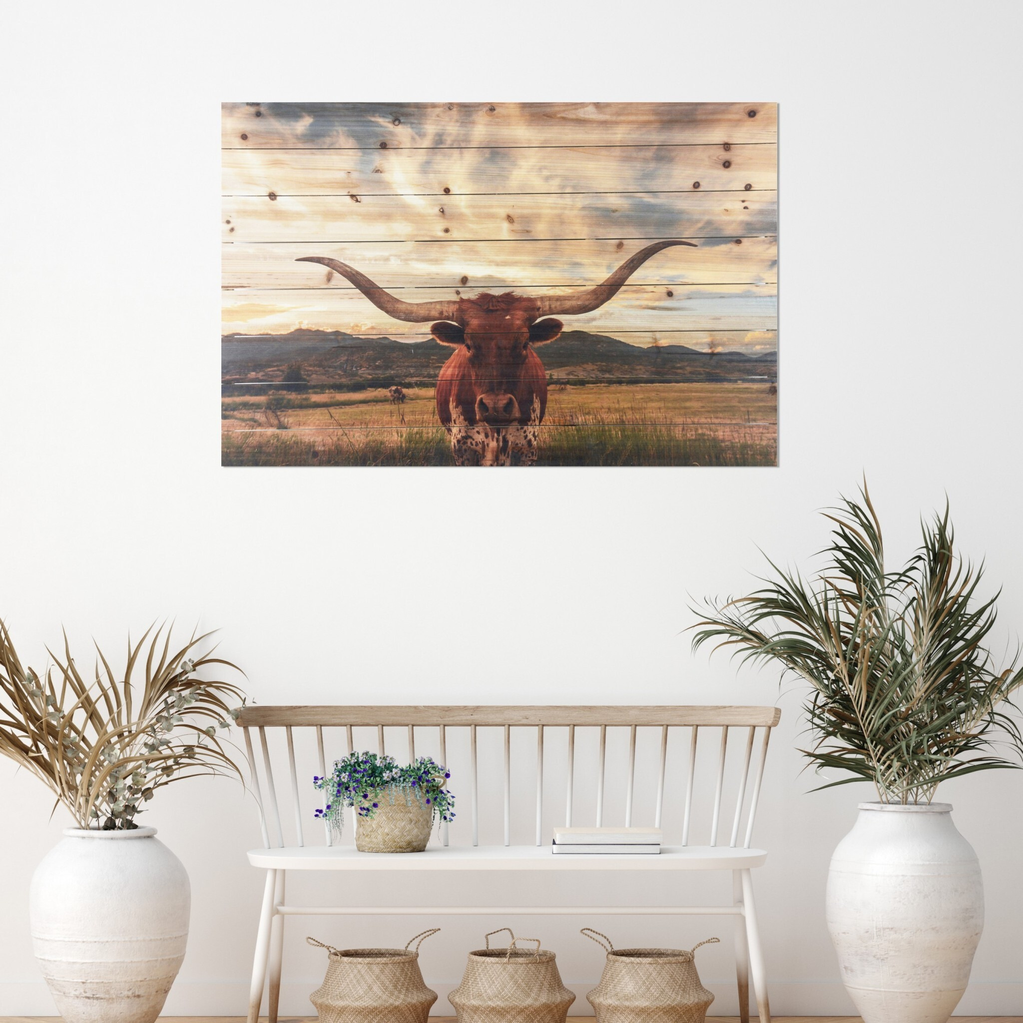 Longhorn Cow In Field Wood Plank Wall Art