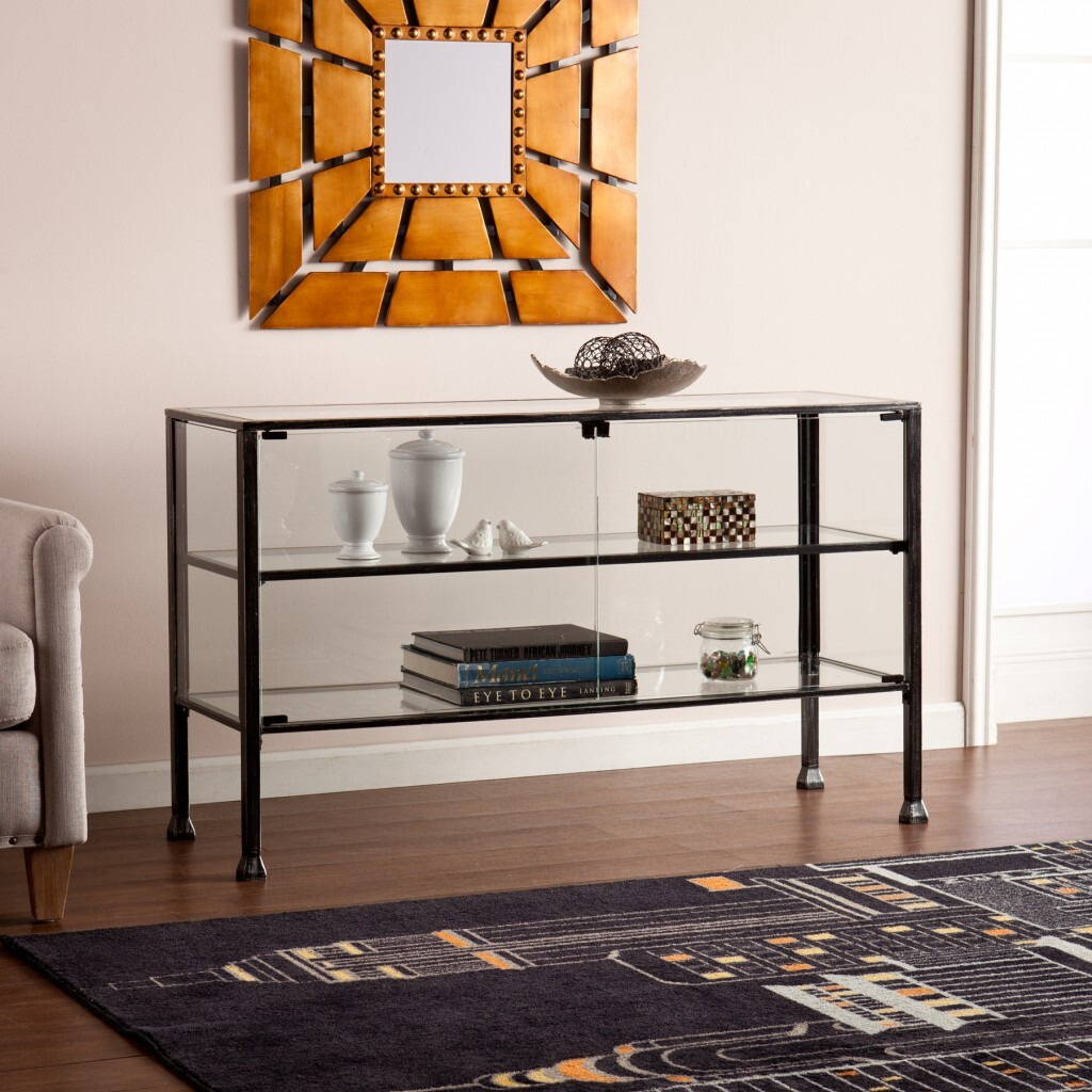 Rustic Black And Glass Double Door Cabinet