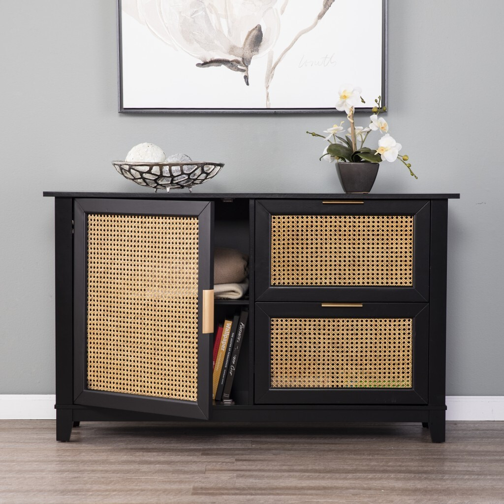 Black And Cane Bamboo Accent Storage Cabinet